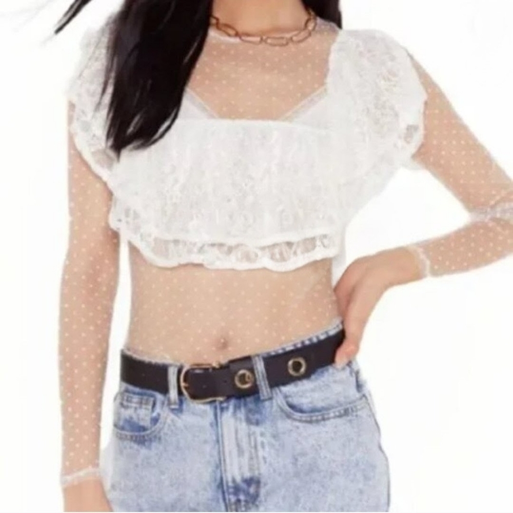 Nasty Gal White Polka Dot Mesh Lace Ruffle Long Sleeve Blouse